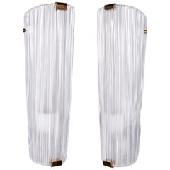 Pair of Tall Fluted White Murano Glass Sconces