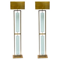 Pair of Tall Fontana Arte Style Brass and Clear Glass Floor Lamps Italian Design