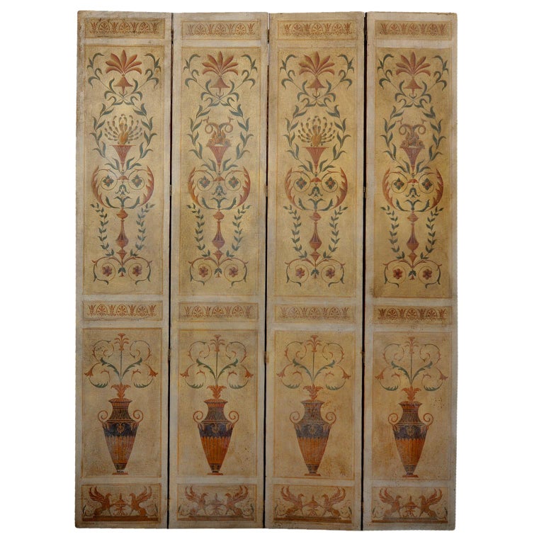 Pair Of Tall Four Fold Decorative Neo Clical Hand Painted Screens These Are A Wonderful Pair Of Mid 20th Century Tall Four Fold Decorative Neo