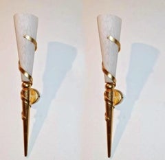 Pair of Art Deco Marbled Glass Iron Wall Sconces Torchiere, France, 1930s