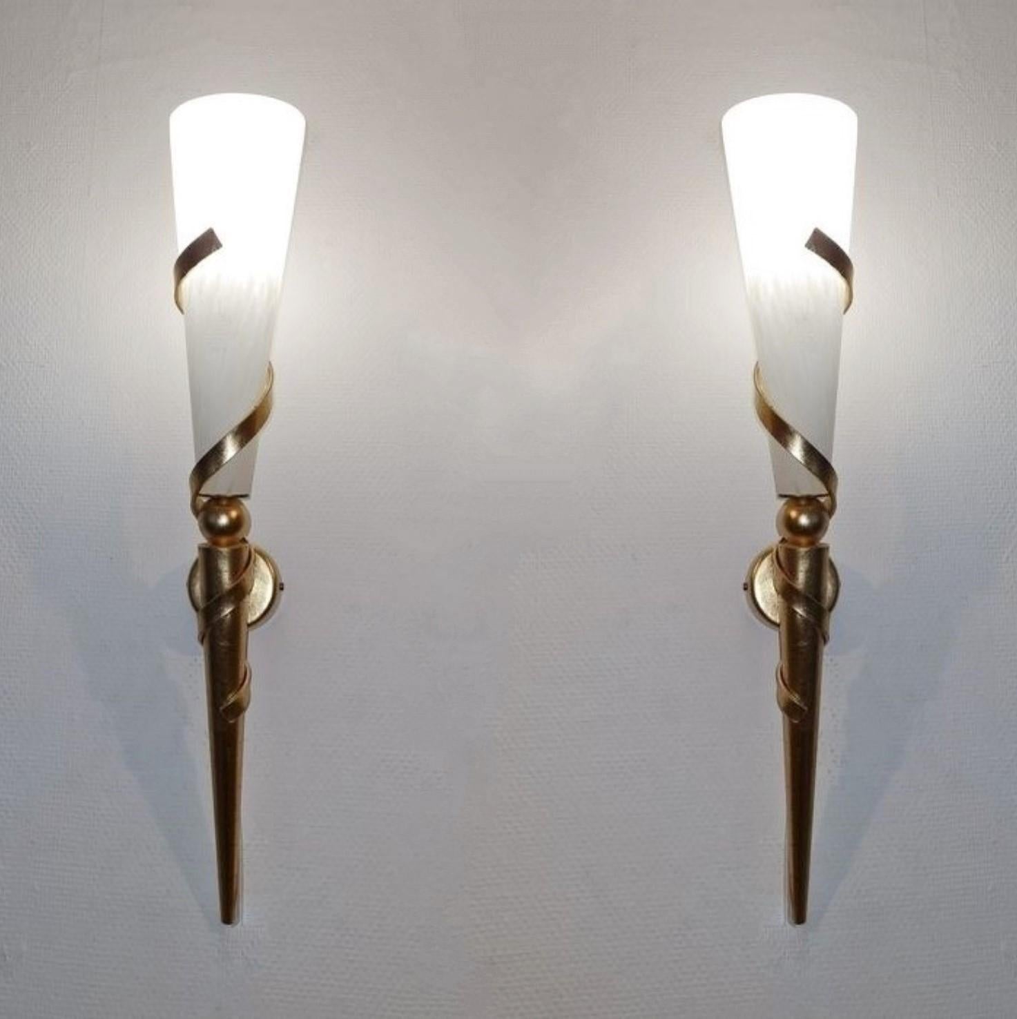Gilt Pair of Art Deco Marbled Glass Iron Wall Sconces Torchiere, France, 1930s For Sale