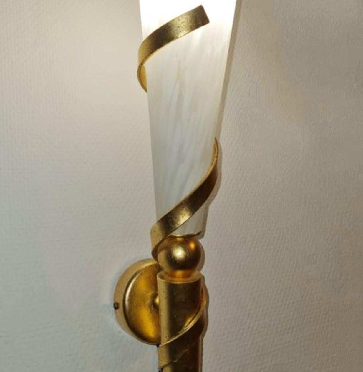 Mid-20th Century Pair of Art Deco Marbled Glass Iron Wall Sconces Torchiere, France, 1930s For Sale
