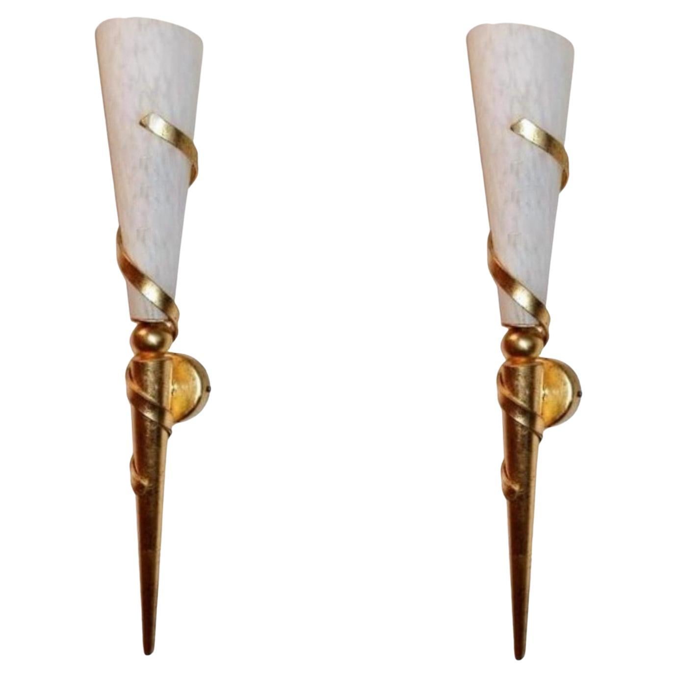 Pair of Art Deco Marbled Glass Iron Wall Sconces Torchiere, France, 1930s