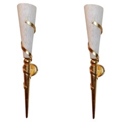 Vintage Pair of Art Deco Marbled Glass Iron Wall Sconces Torchiere, France, 1930s