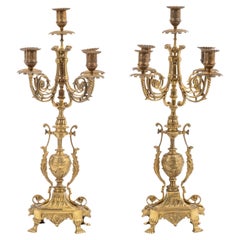 Pareja de candelabros altos franceses de bronce dorado estilo Luis XVI