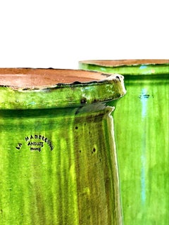 Pair of Tall French Green Glazed Terracotta Planters by La Madeleine, Anduze