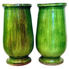 Pair of Tall French Green Glazed Terracotta Planters by La Madeleine, Anduze