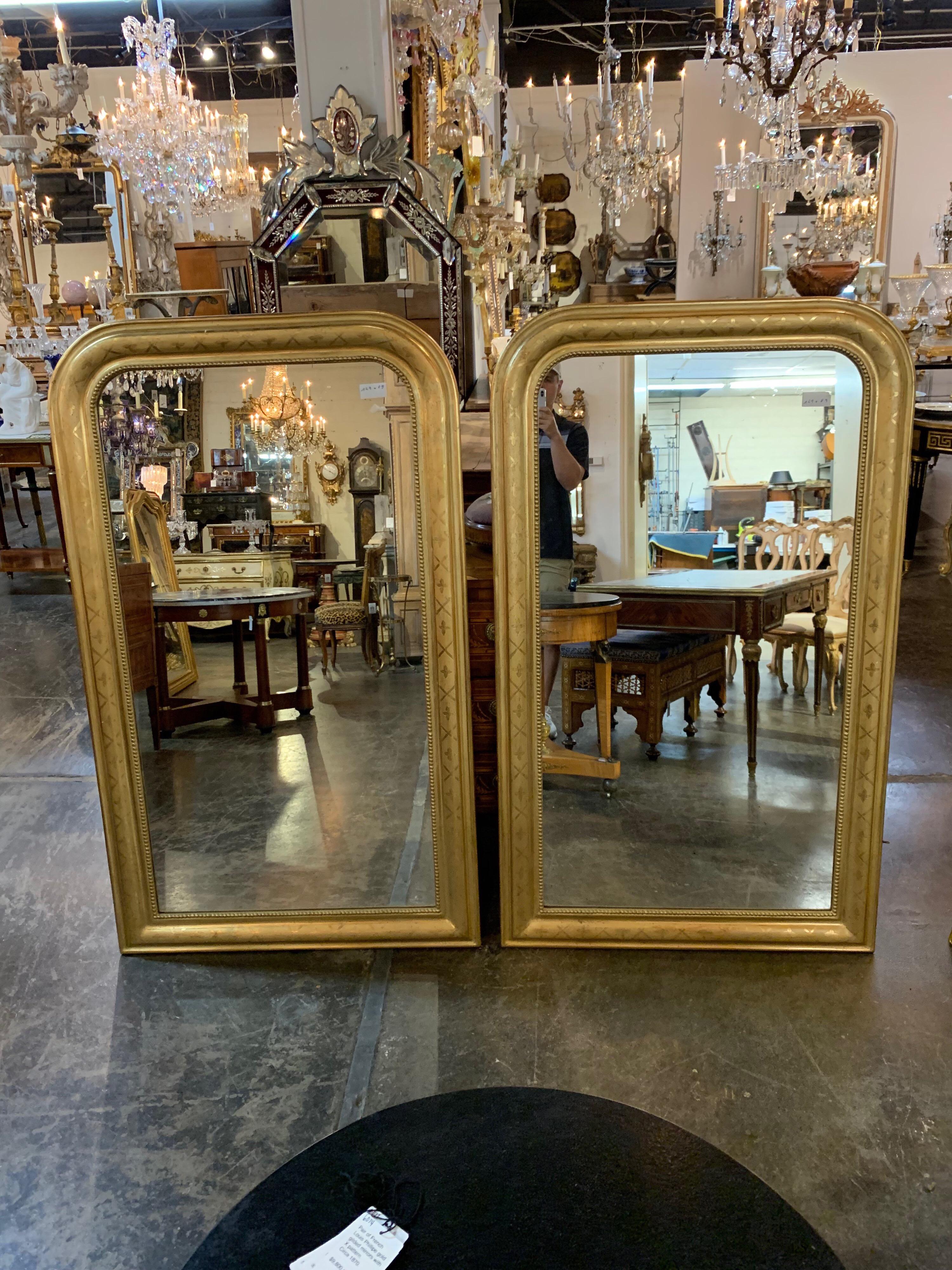 19th Century Pair of Tall French Louis Philippe Gold Gilded Mirrors
