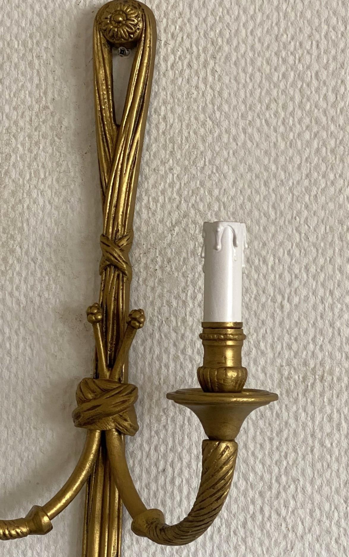 Pair of Tall French Louis XVI Gilt Bronze Electrified Wall Sconces For Sale 12