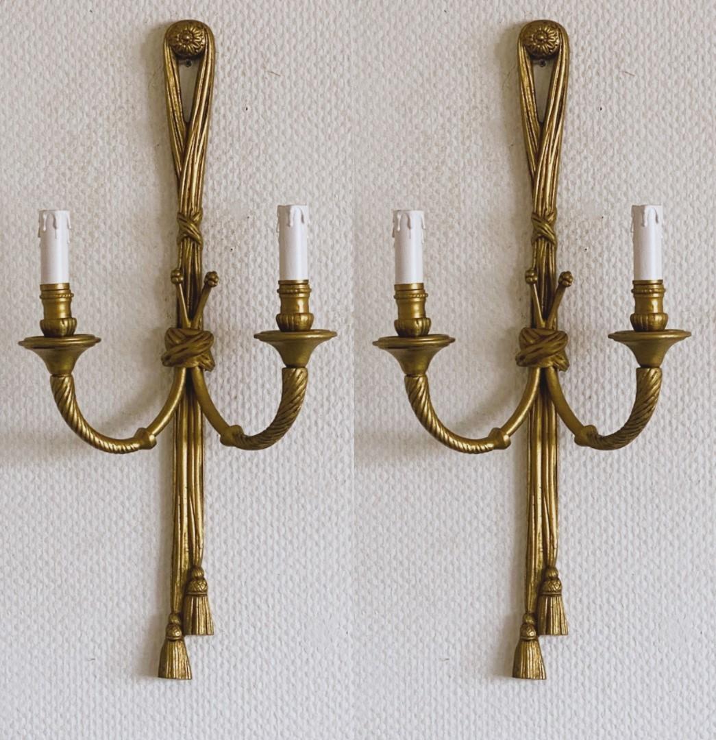 Mid-20th Century Pair of Tall French Louis XVI Gilt Bronze Electrified Wall Sconces For Sale