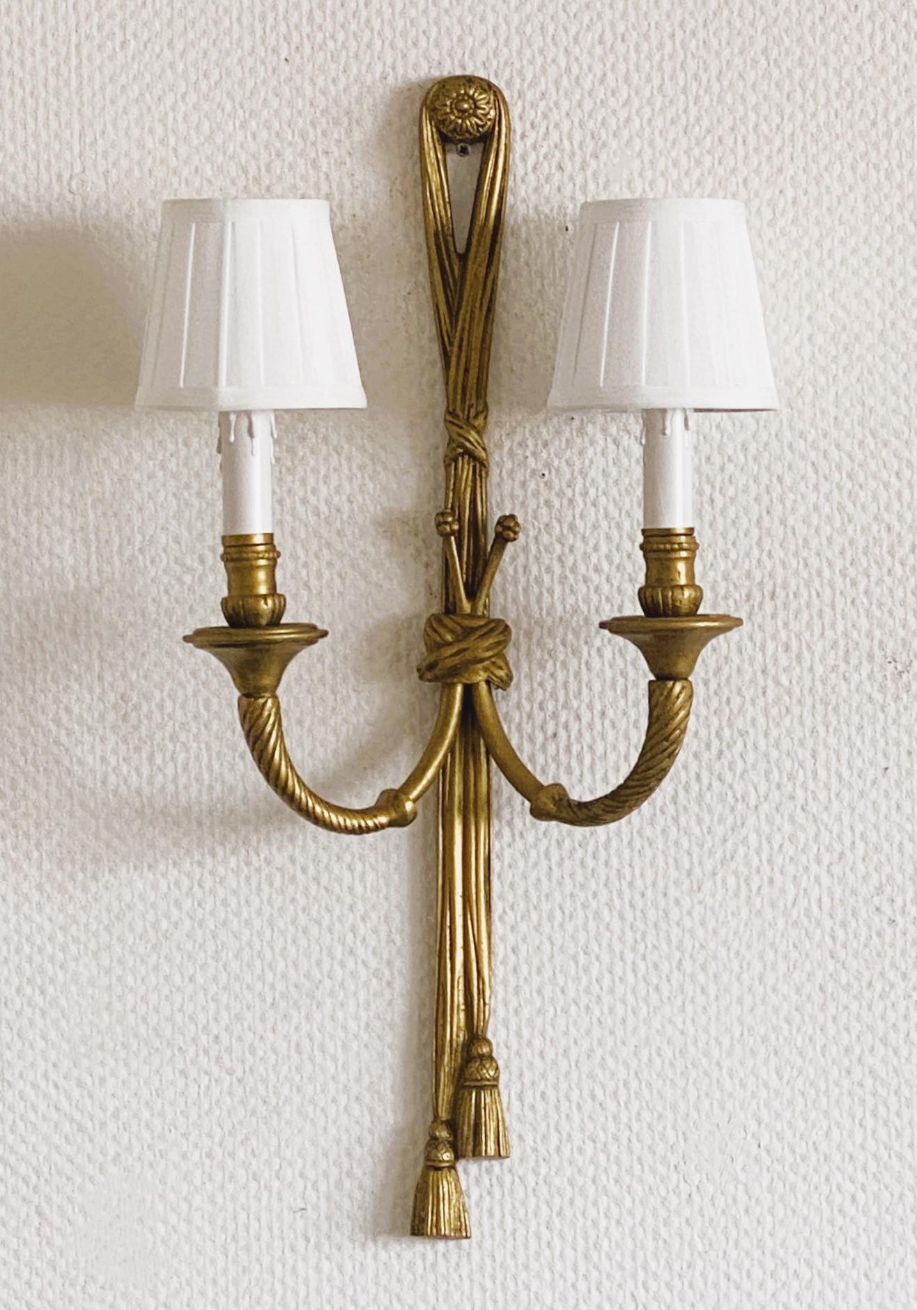 Pair of Tall French Louis XVI Gilt Bronze Electrified Wall Sconces For Sale 1