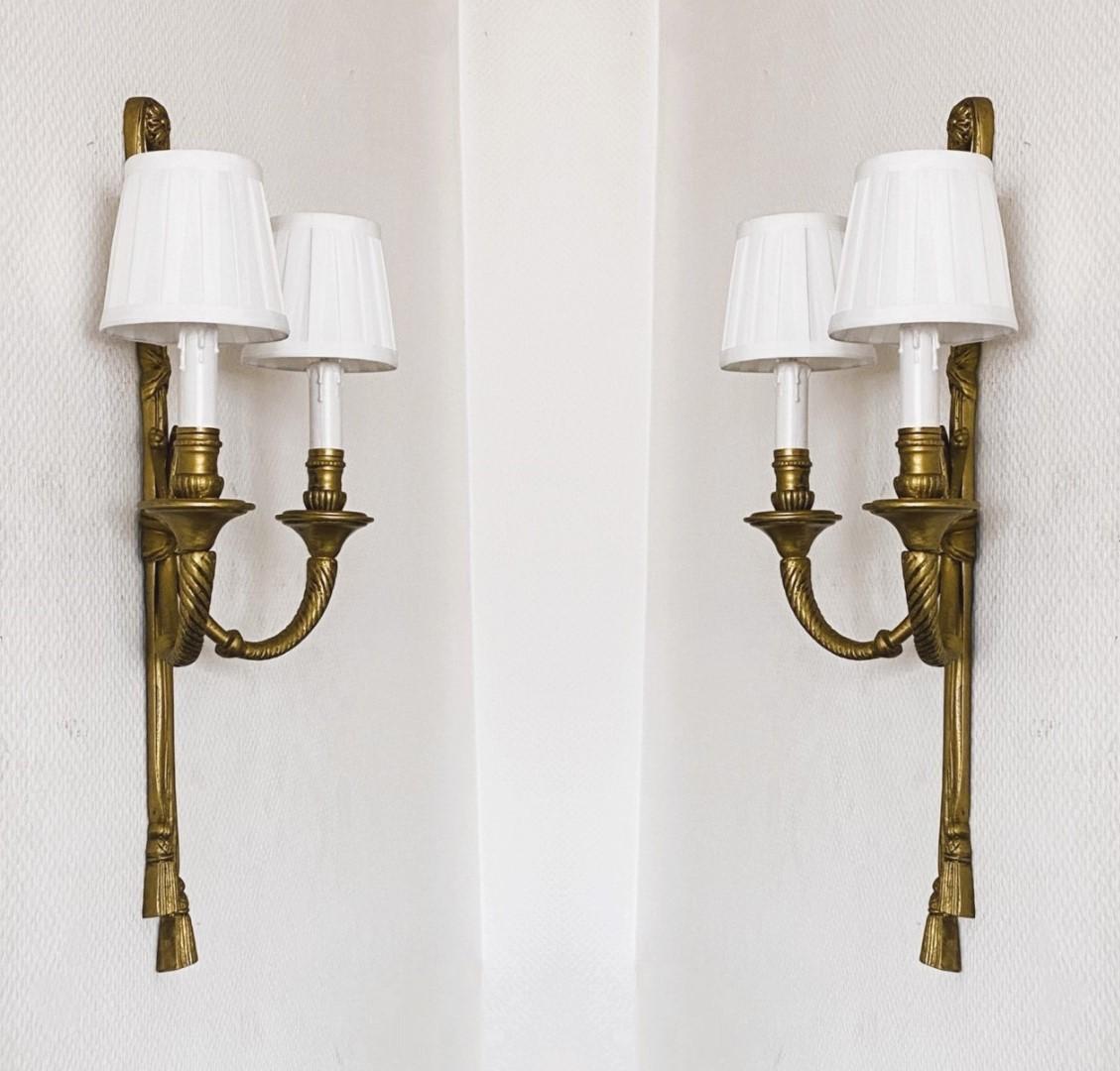 Pair of Tall French Louis XVI Gilt Bronze Electrified Wall Sconces For Sale 2