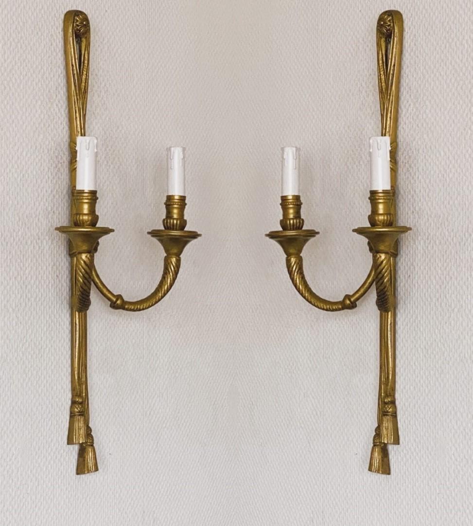 Pair of Tall French Louis XVI Gilt Bronze Electrified Wall Sconces For Sale 3