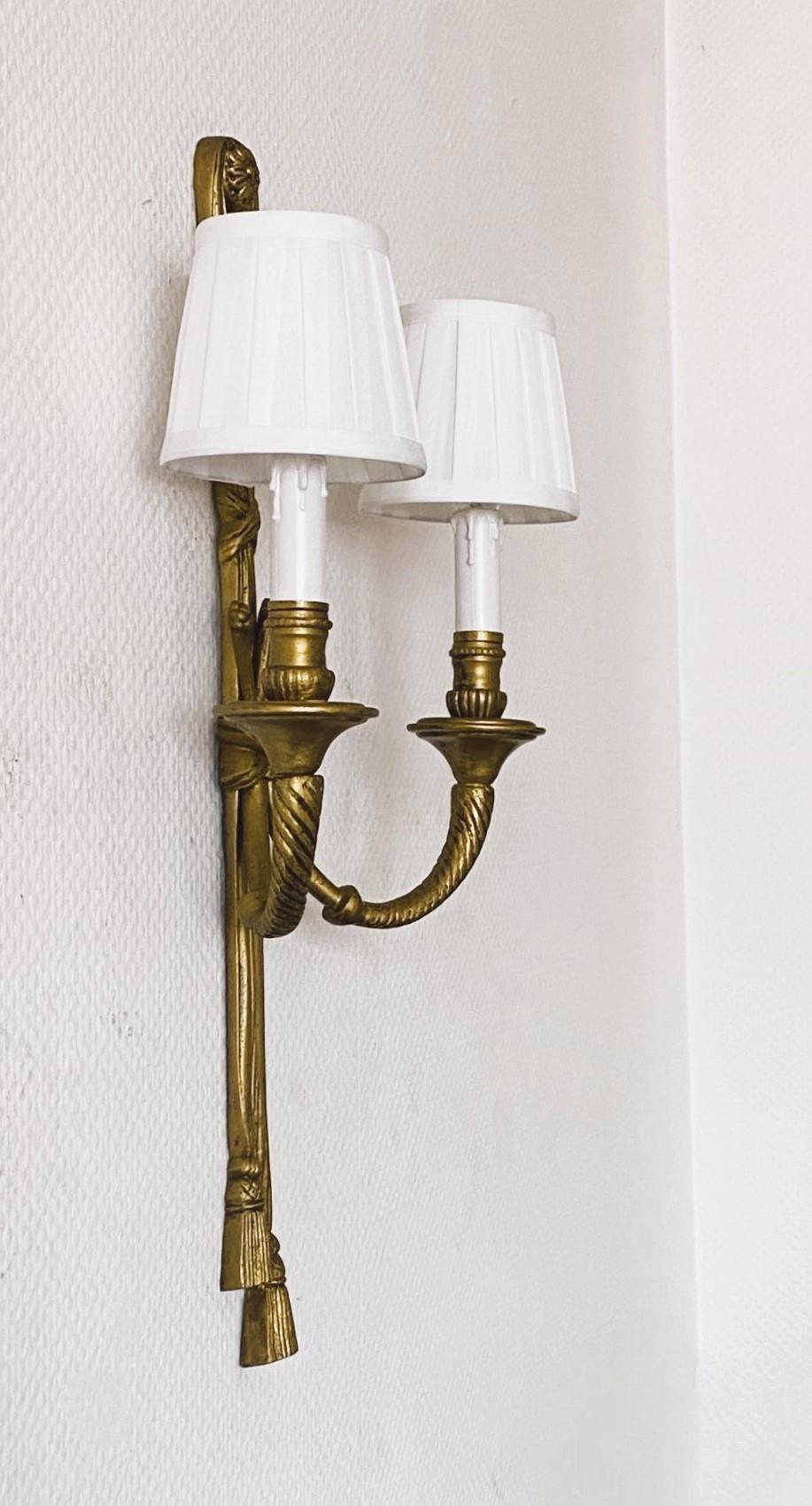 Pair of Tall French Louis XVI Gilt Bronze Electrified Wall Sconces For Sale 4