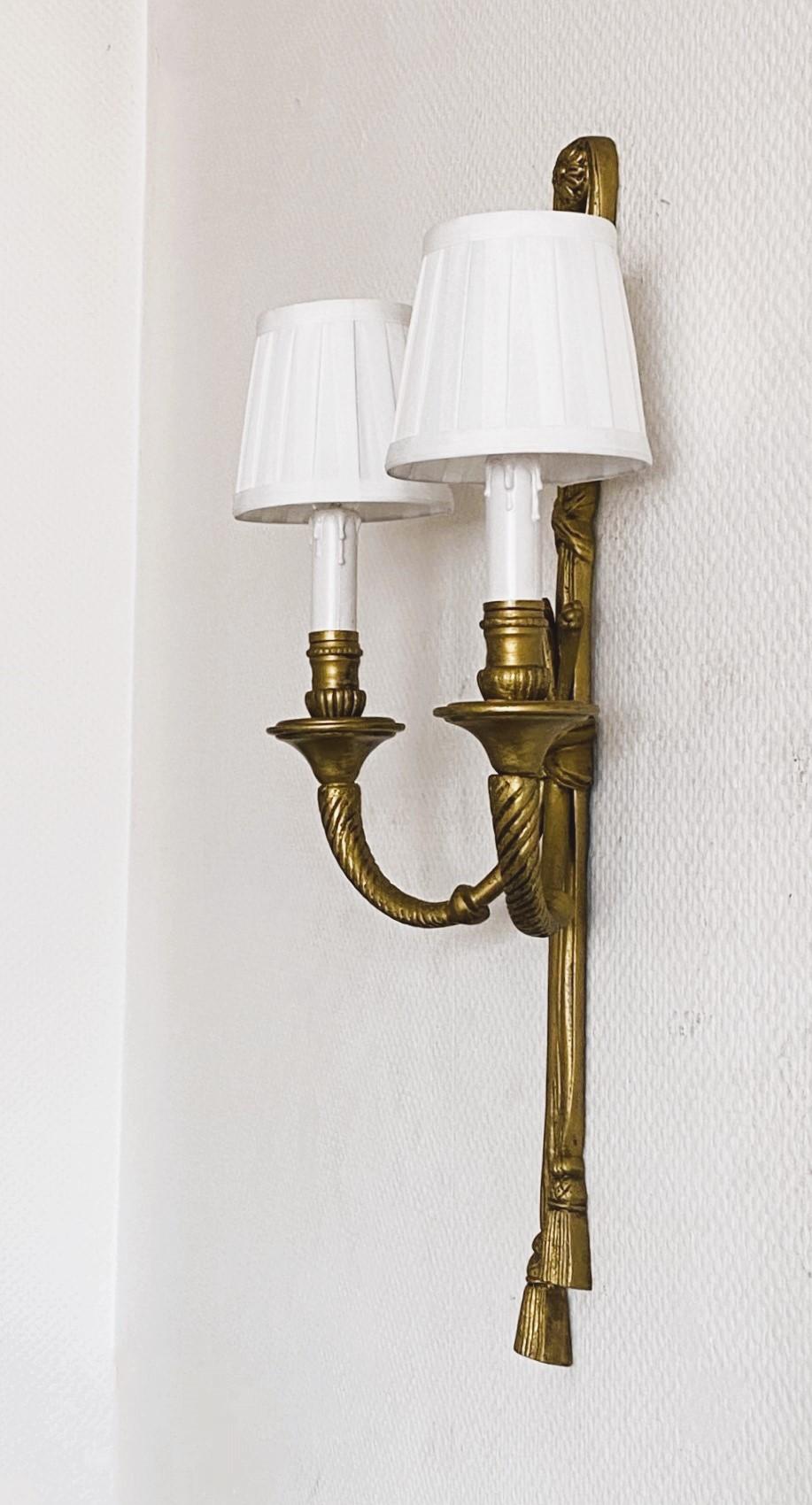 Pair of Tall French Louis XVI Gilt Bronze Electrified Wall Sconces For Sale 5
