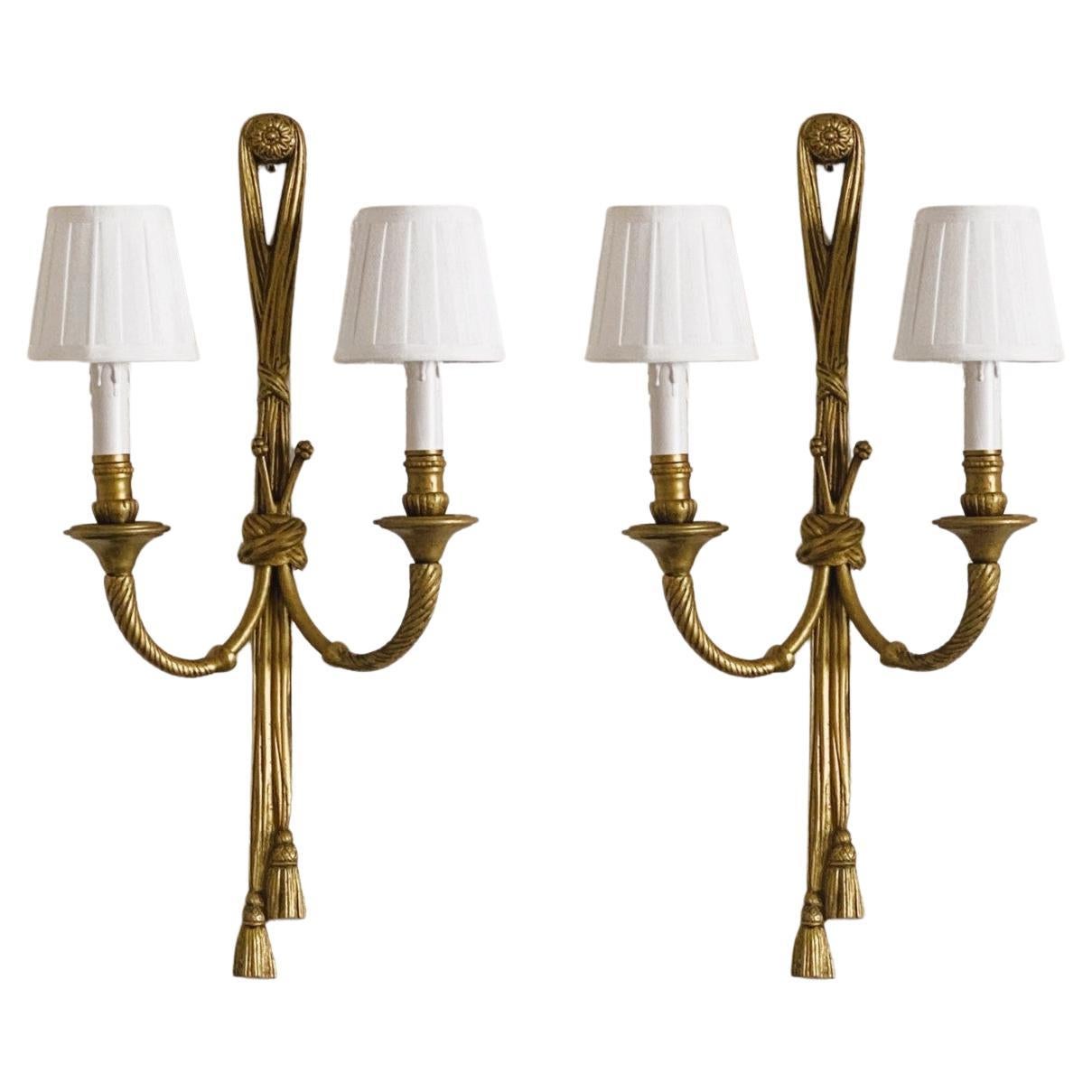 Pair of Tall French Louis XVI Gilt Bronze Electrified Wall Sconces For Sale