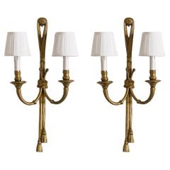 Vintage Pair of Tall French Louis XVI Gilt Bronze Electrified Wall Sconces