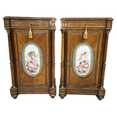Pair of Tall French Louis XVI  Porcelain Mounted Cabinets