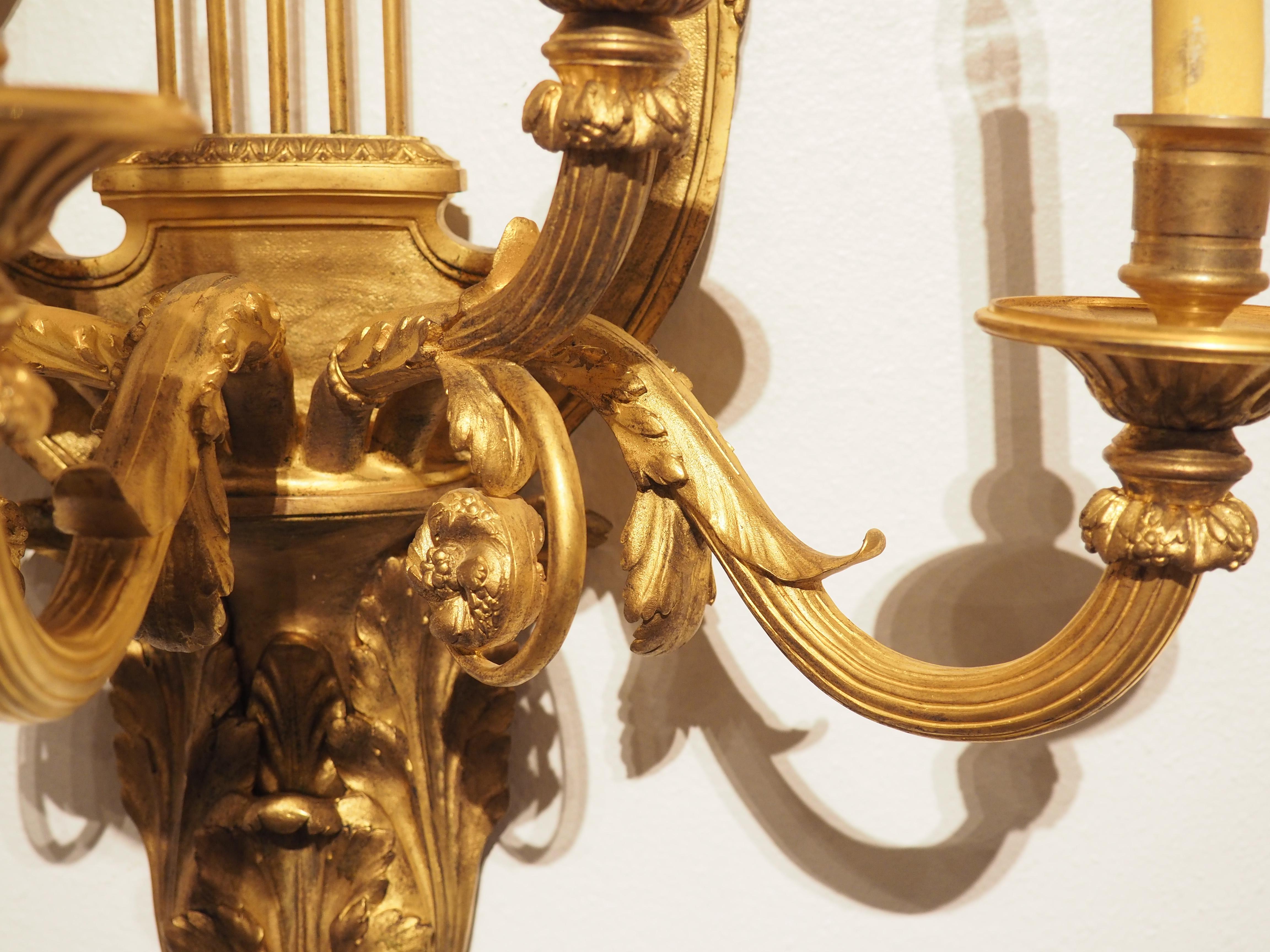 Pair of Tall French Louis XVI Style Gilt Bronze Sconces, C. 1880 For Sale 13