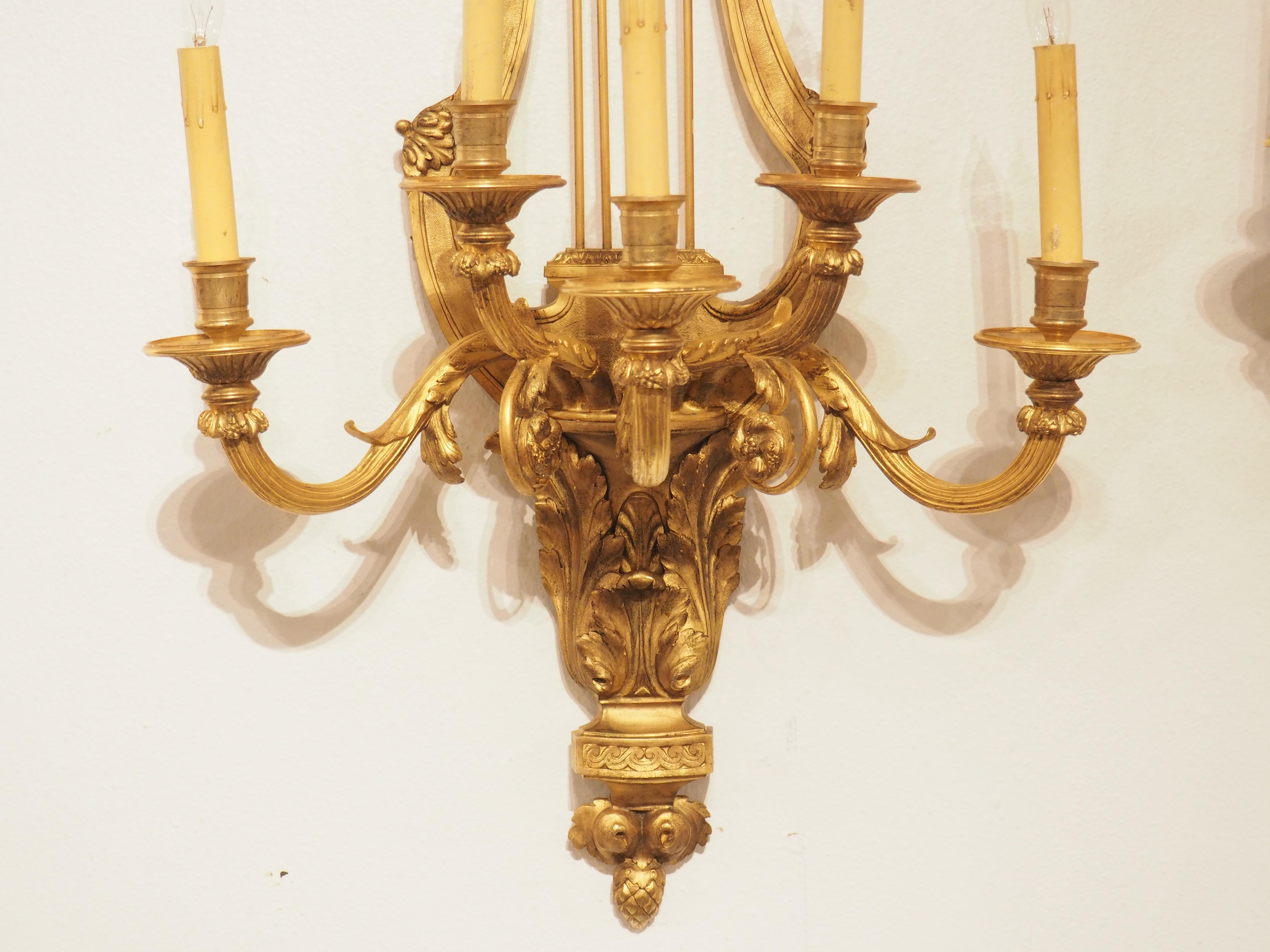 Pair of Tall French Louis XVI Style Gilt Bronze Sconces, C. 1880 In Good Condition For Sale In Dallas, TX