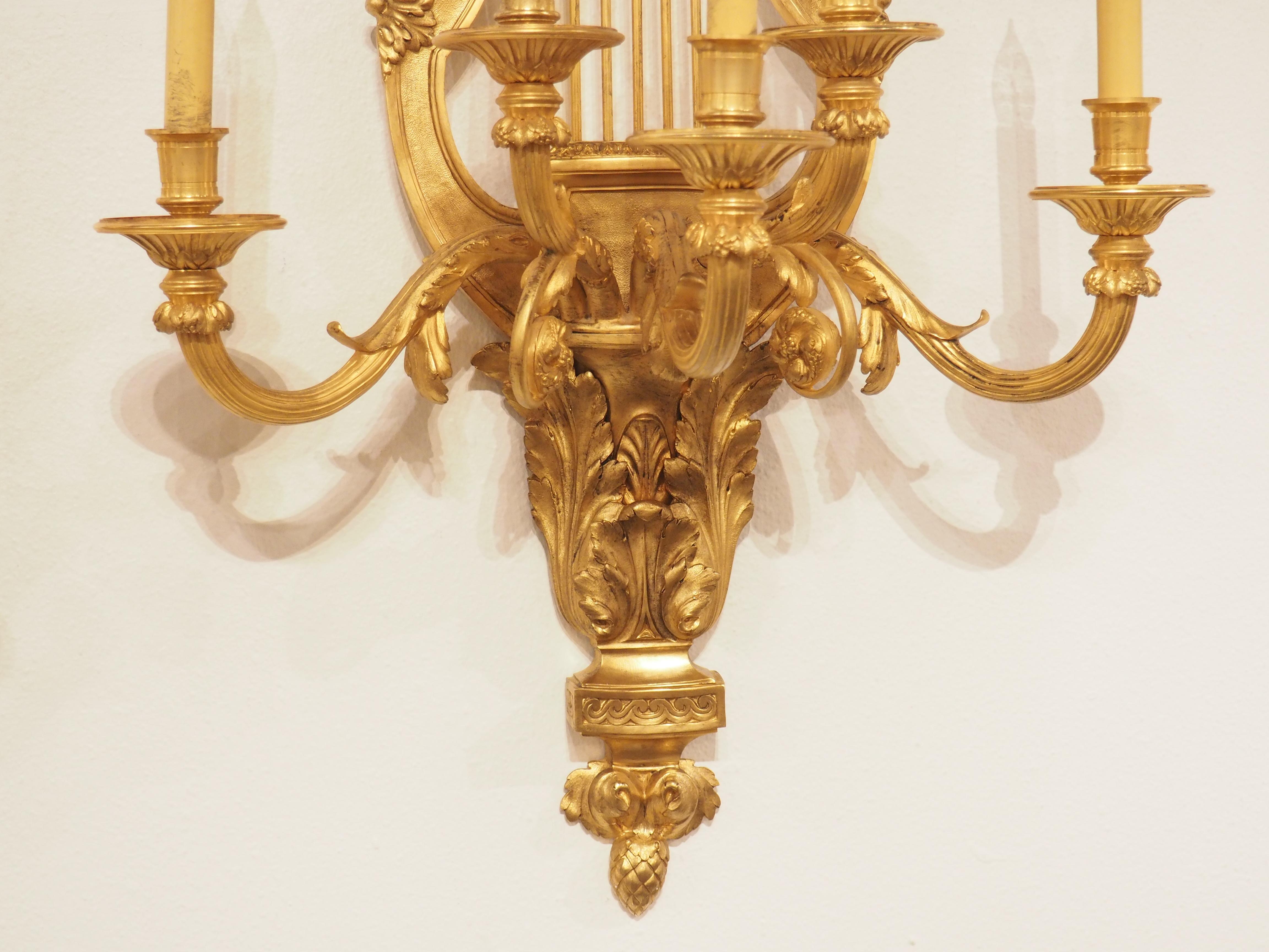 Late 19th Century Pair of Tall French Louis XVI Style Gilt Bronze Sconces, C. 1880 For Sale