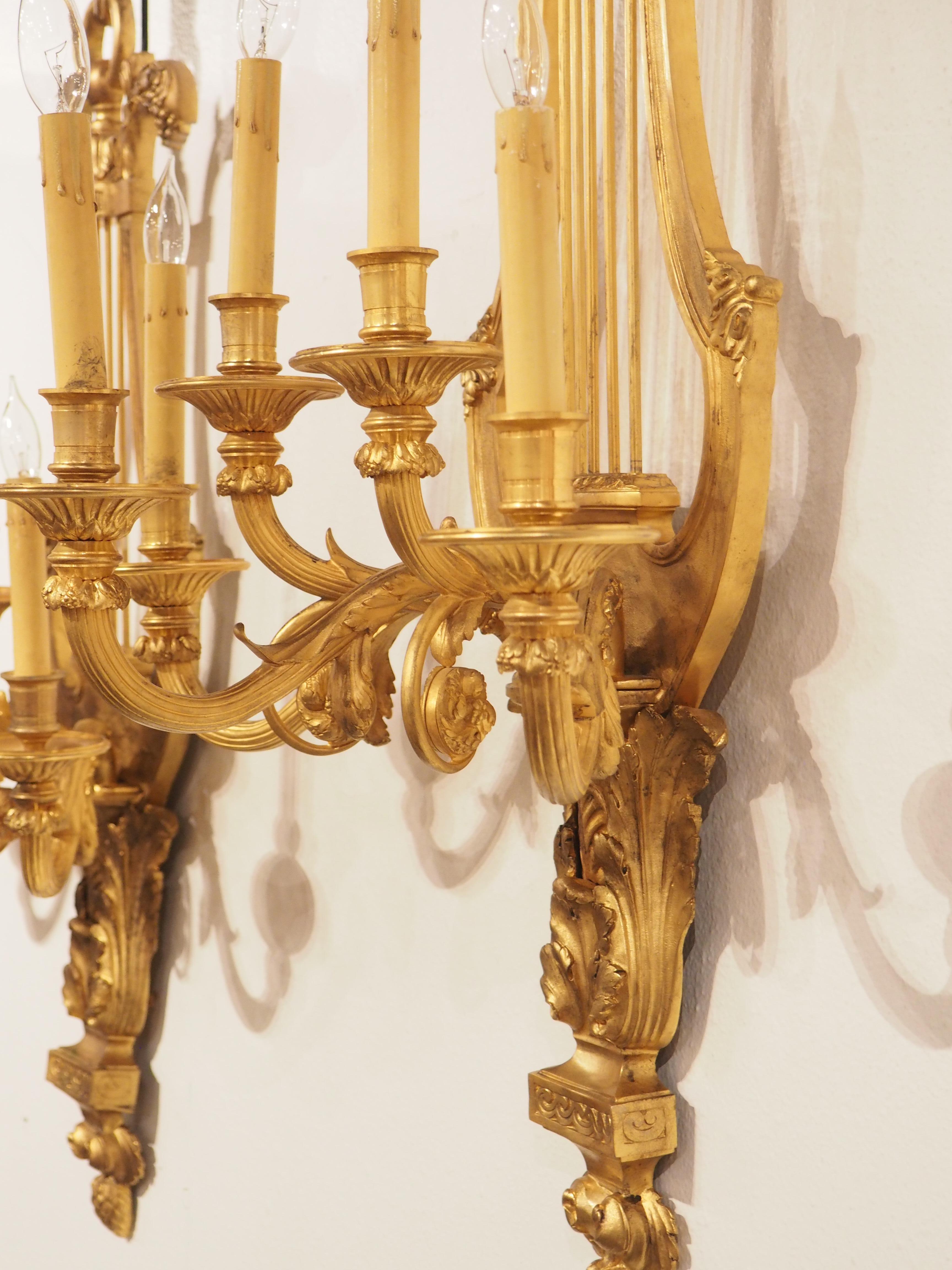 Pair of Tall French Louis XVI Style Gilt Bronze Sconces, C. 1880 For Sale 1