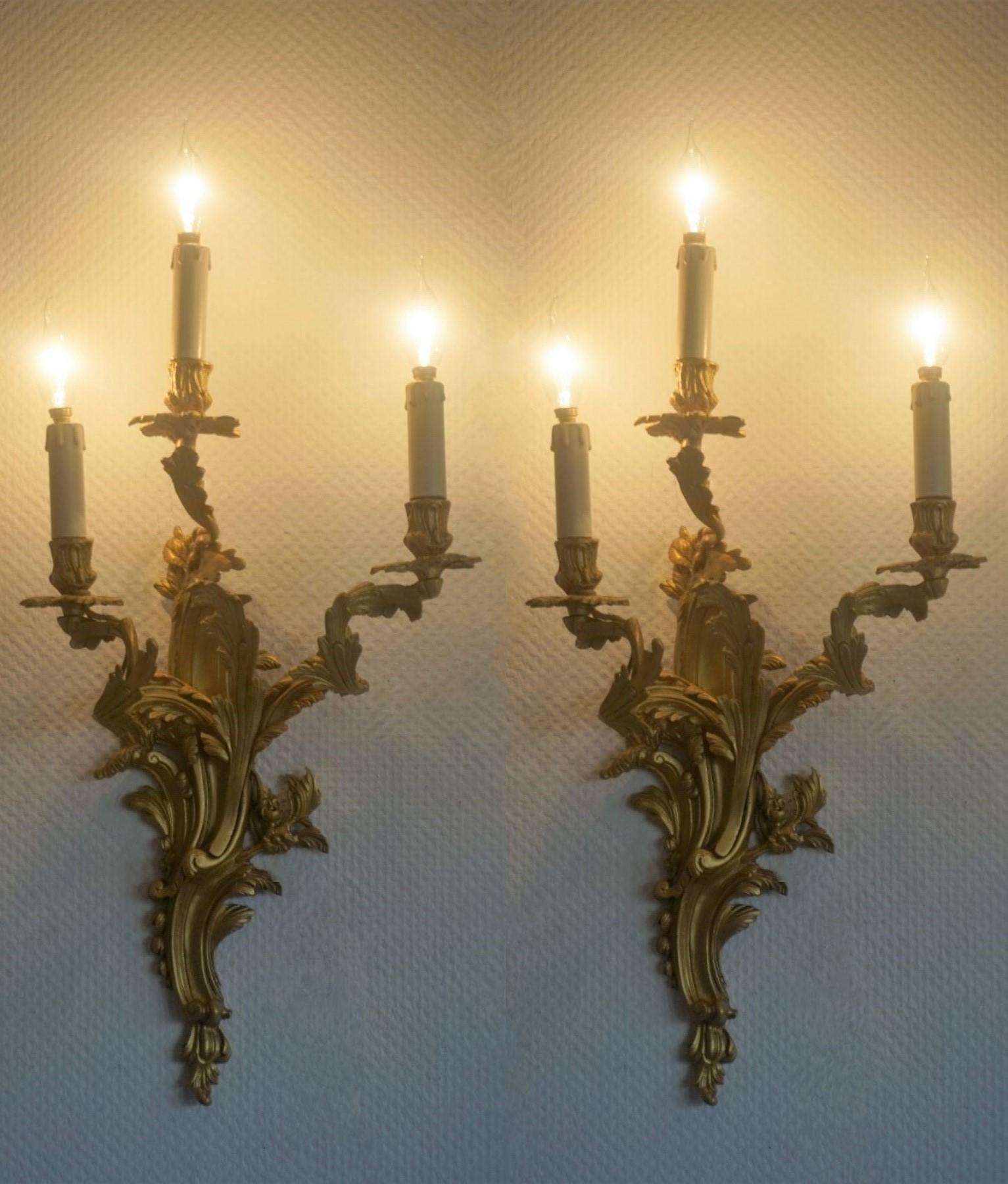 Pair of Tall French Louis XVI Style Gilt Dore Bronze Electrified Wall Sconces 6