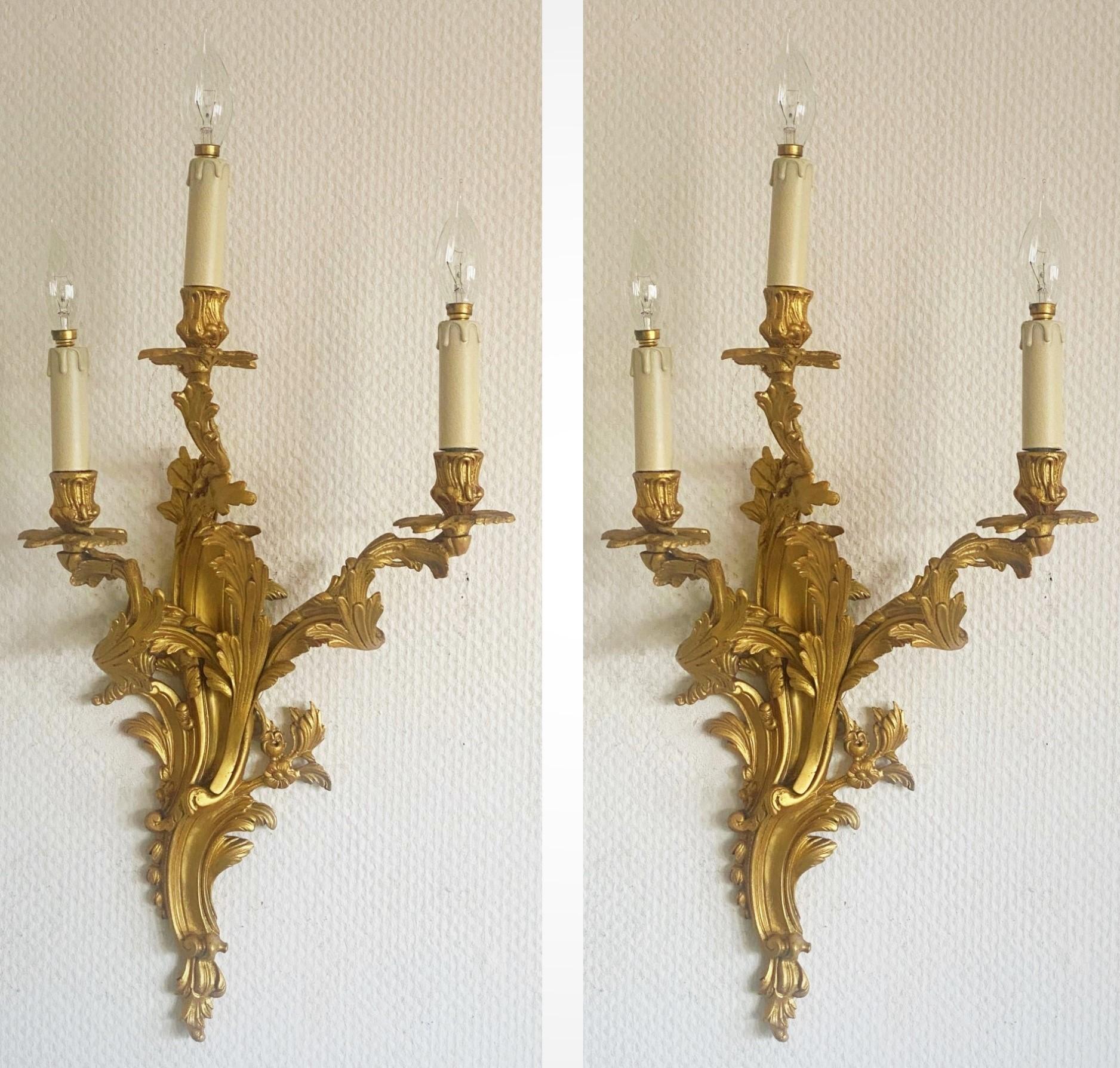 19th Century Pair of Tall French Louis XVI Style Gilt Dore Bronze Electrified Wall Sconces