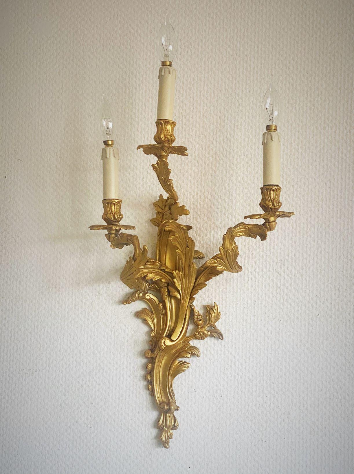 Pair of Tall French Louis XVI Style Gilt Dore Bronze Electrified Wall Sconces 1