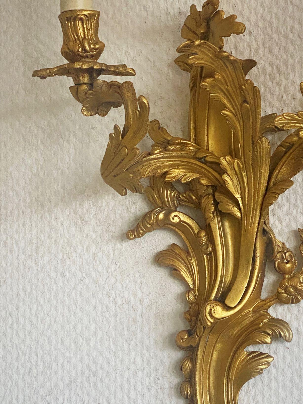 Pair of Tall French Louis XVI Style Gilt Dore Bronze Electrified Wall Sconces 4