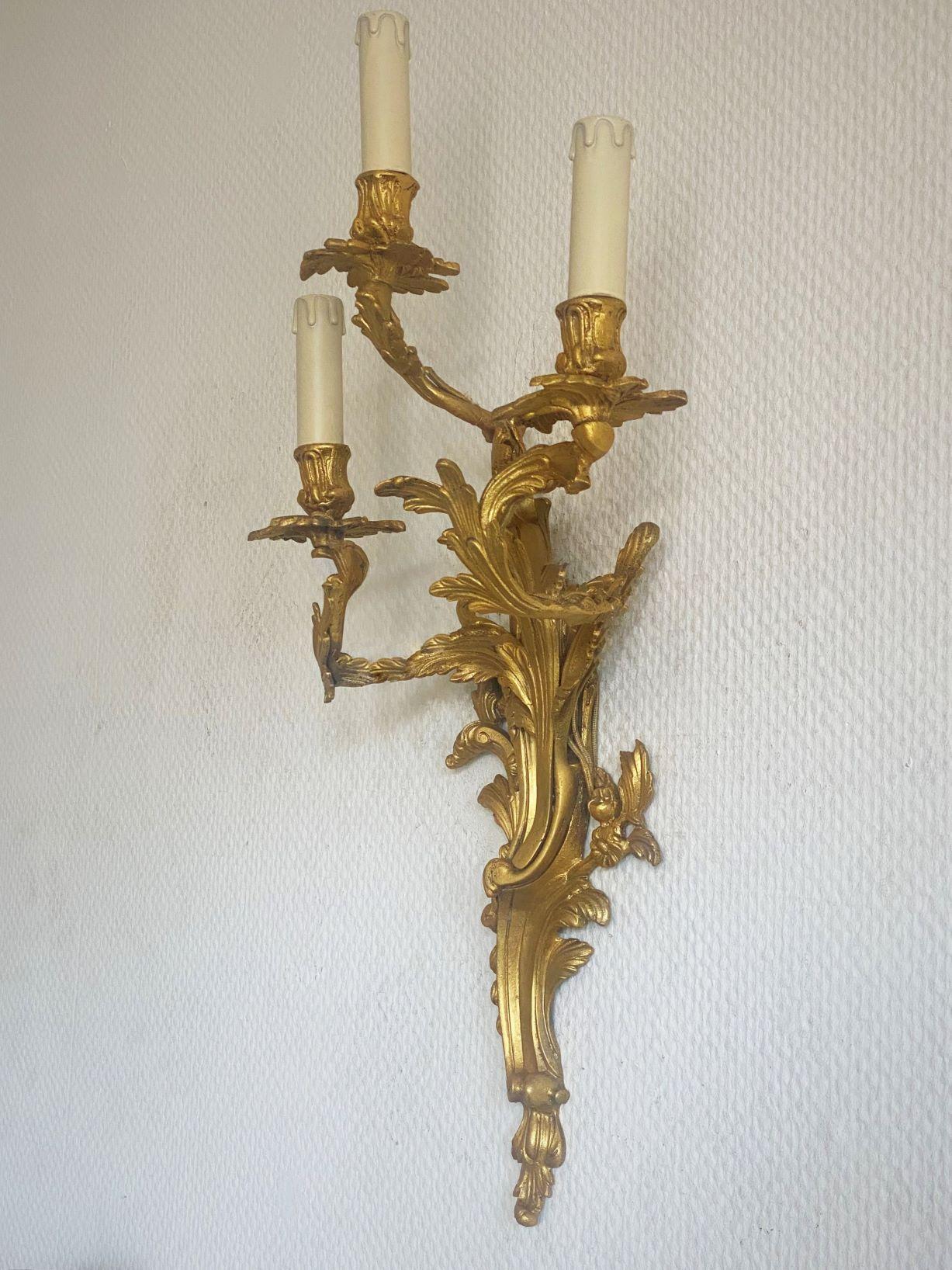 Pair of Tall French Louis XVI Style Gilt Dore Bronze Electrified Wall Sconces 5