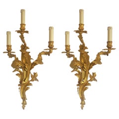 Pair of Tall French Louis XVI Style Gilt Dore Bronze Electrified Wall Sconces