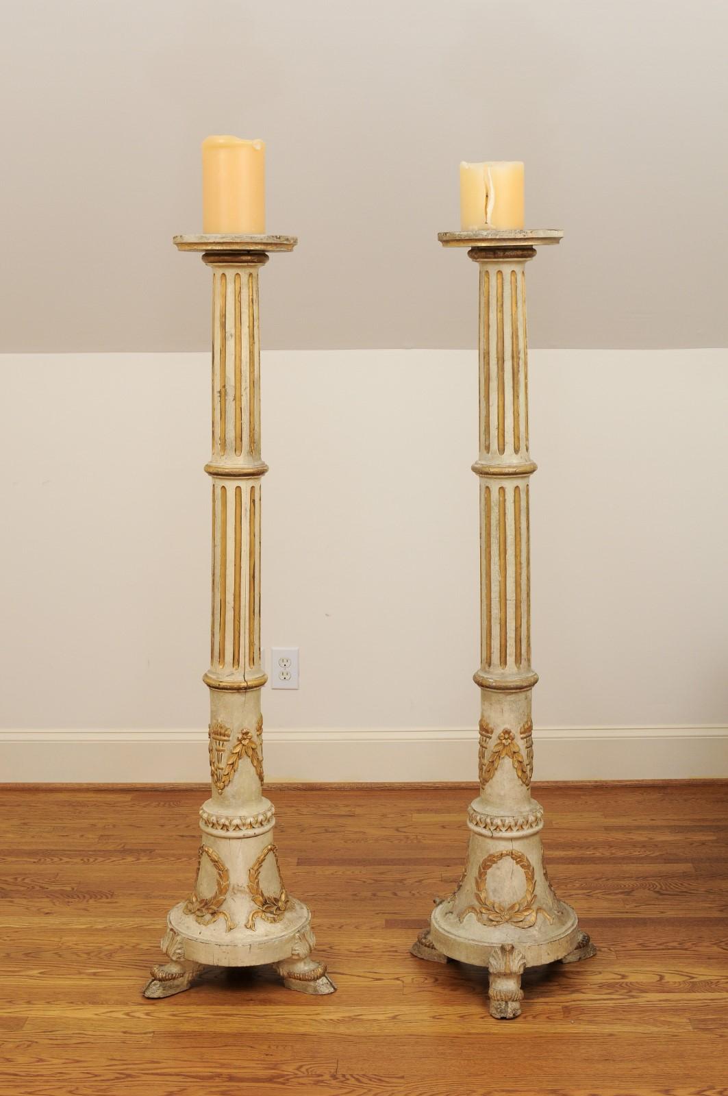 Pair of Tall French Napoléon III 1860s Candlesticks with Carved Gilt Motifs For Sale 3