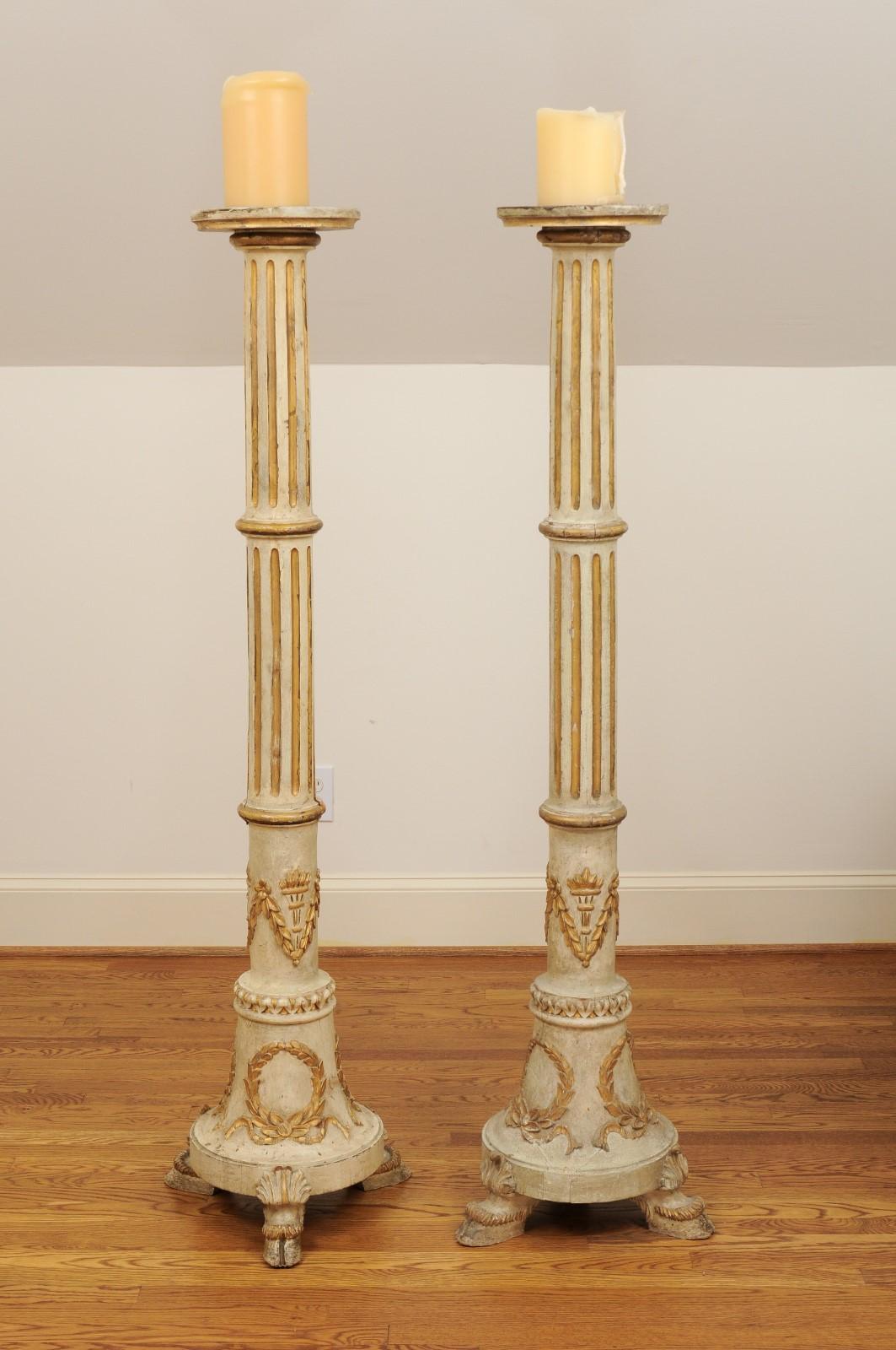 Pair of Tall French Napoléon III 1860s Candlesticks with Carved Gilt Motifs For Sale 4