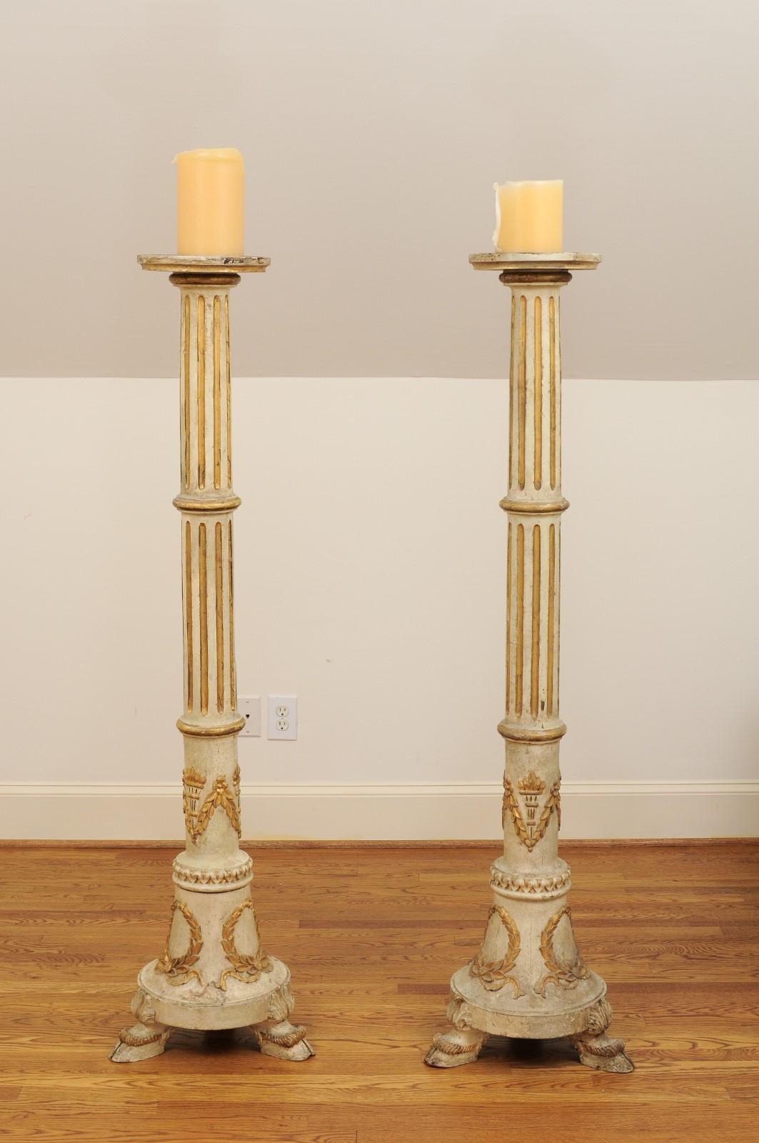 Pair of Tall French Napoléon III 1860s Candlesticks with Carved Gilt Motifs For Sale 1