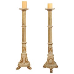 Antique Pair of Tall French Napoléon III 1860s Candlesticks with Carved Gilt Motifs