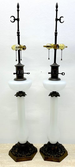 Pair of Tall French Neoclassical Opaline Oil Lamps, Now Electrified