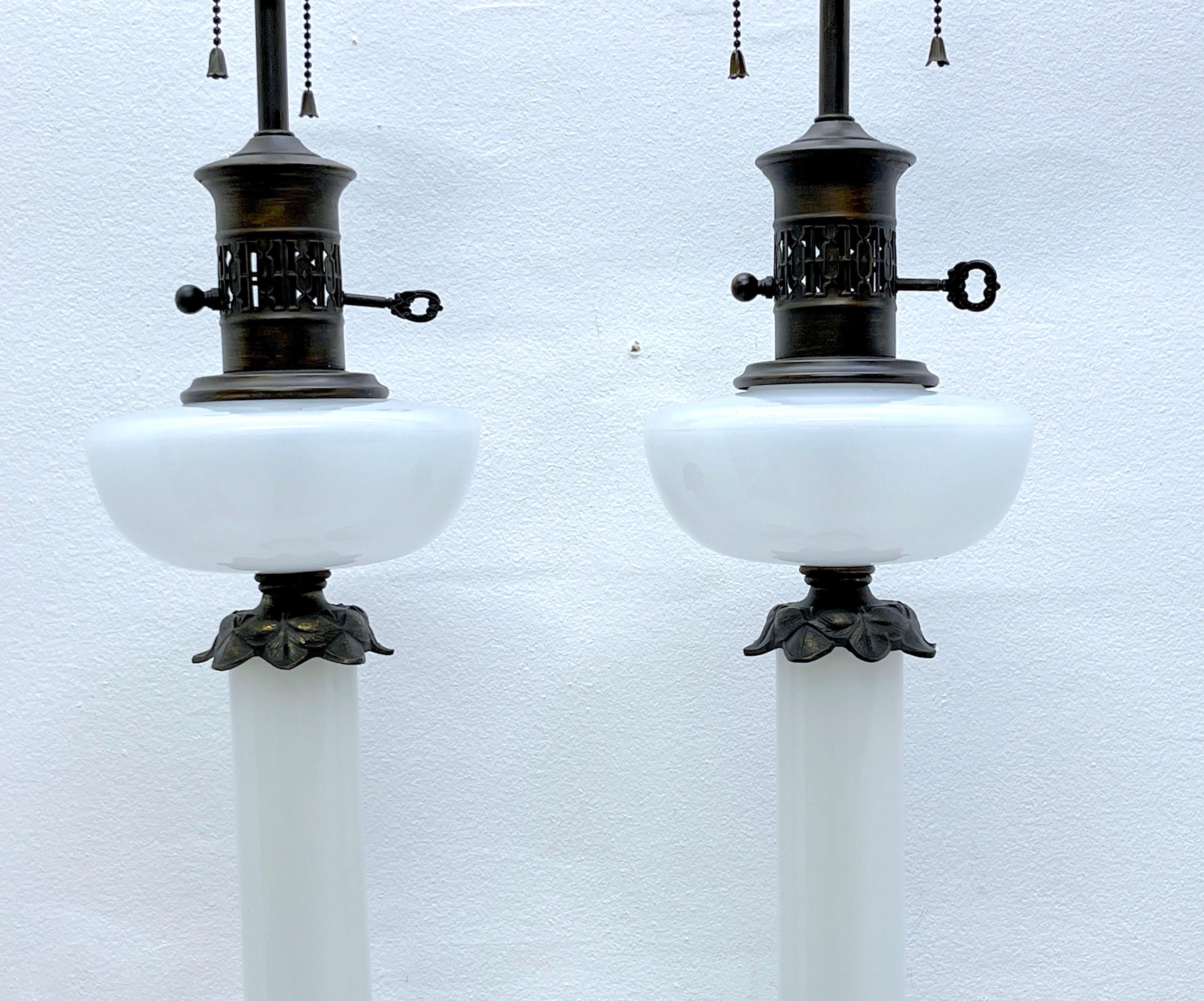 Patinated Pair of Tall French Neoclassical Opaline Oil Lamps, Now Electrified For Sale