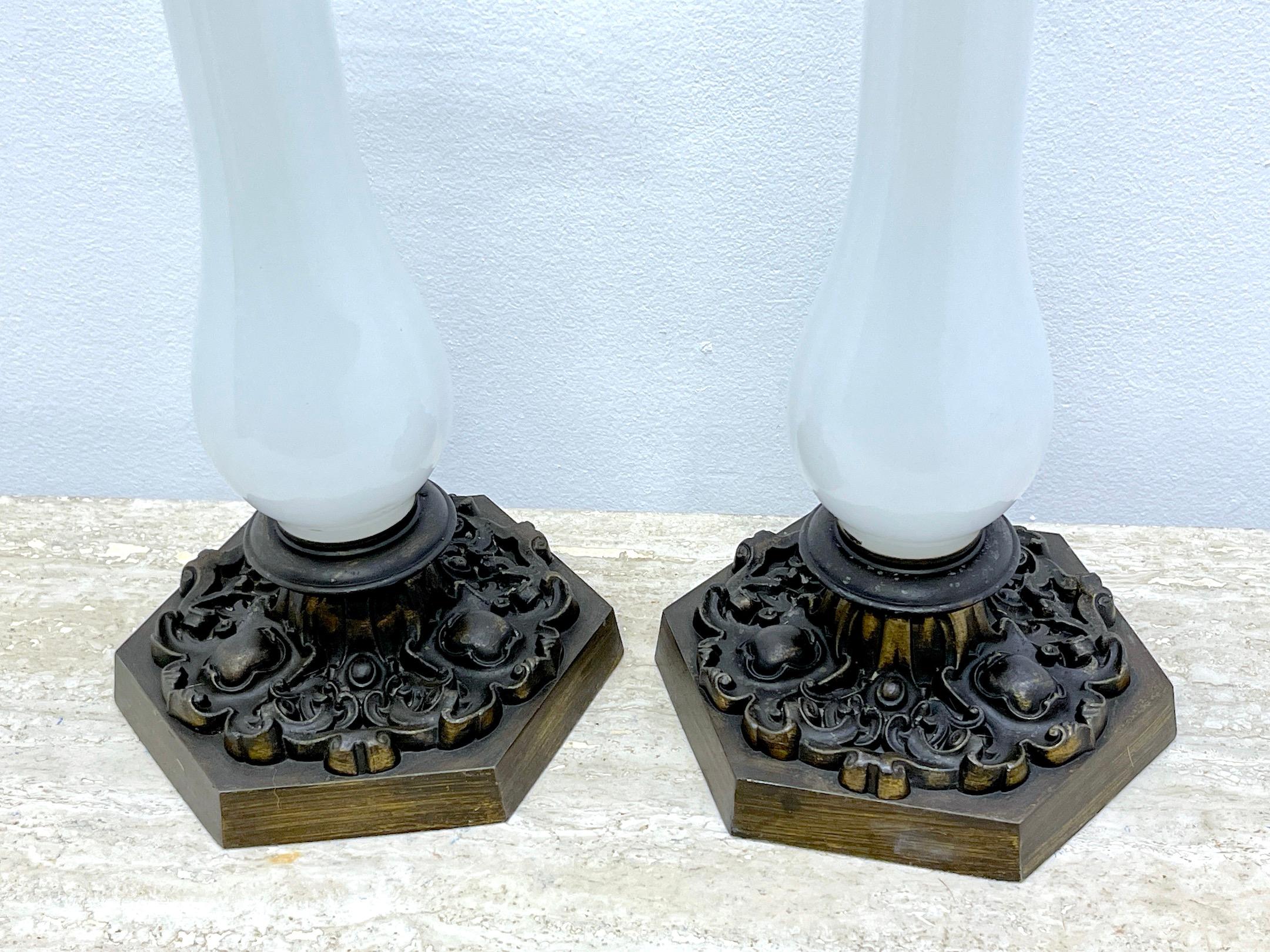 Pair of Tall French Neoclassical Opaline Oil Lamps, Now Electrified In Good Condition For Sale In West Palm Beach, FL