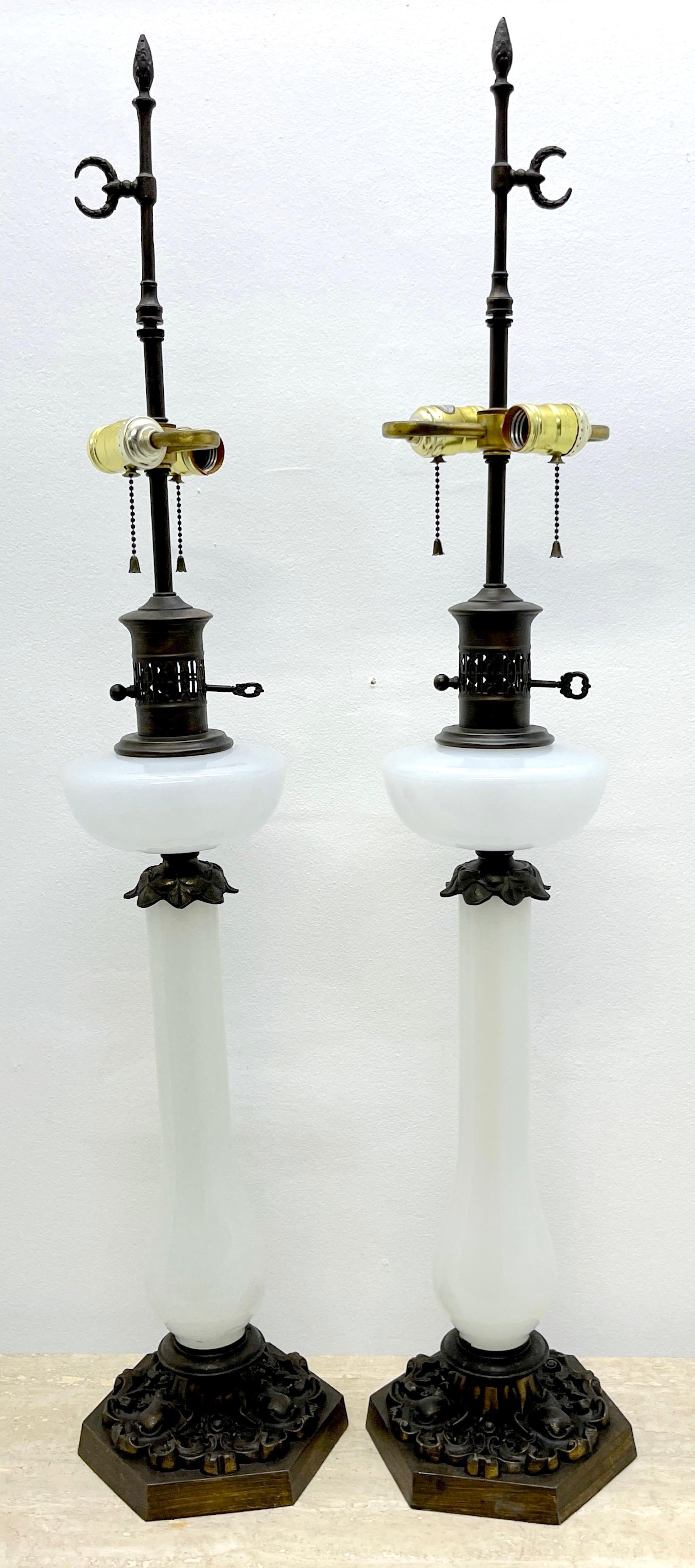 19th Century Pair of Tall French Neoclassical Opaline Oil Lamps, Now Electrified For Sale