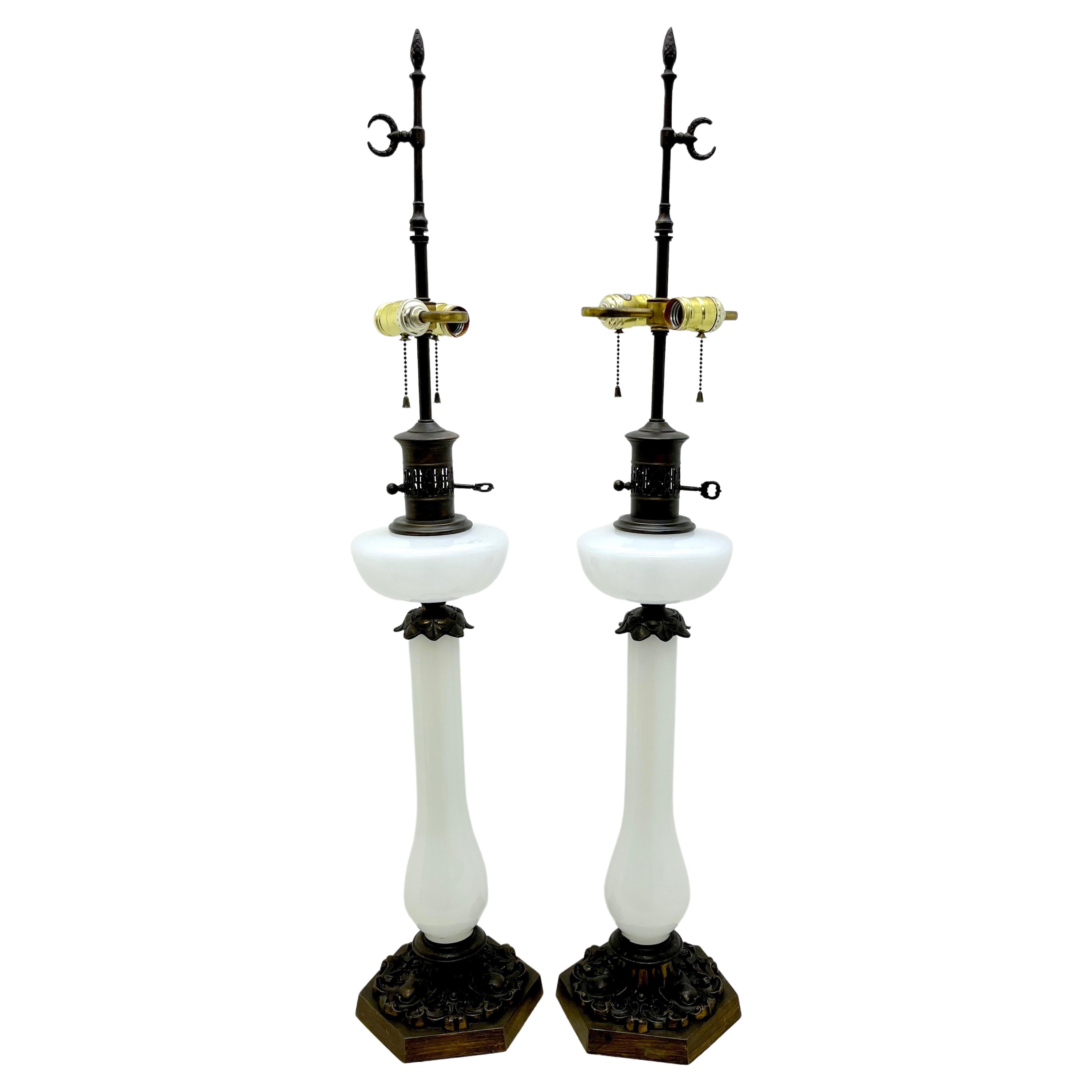 Pair of Tall French Neoclassical Opaline Oil Lamps, Now Electrified