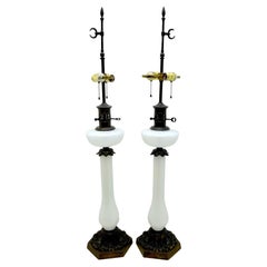 Antique Pair of Tall French Neoclassical Opaline Oil Lamps, Now Electrified