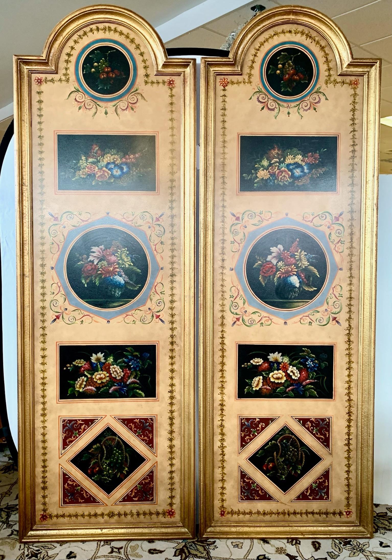 Wood Pair of Tall French Style Hand Painted Floral Seven Feet Tall Wall Panels