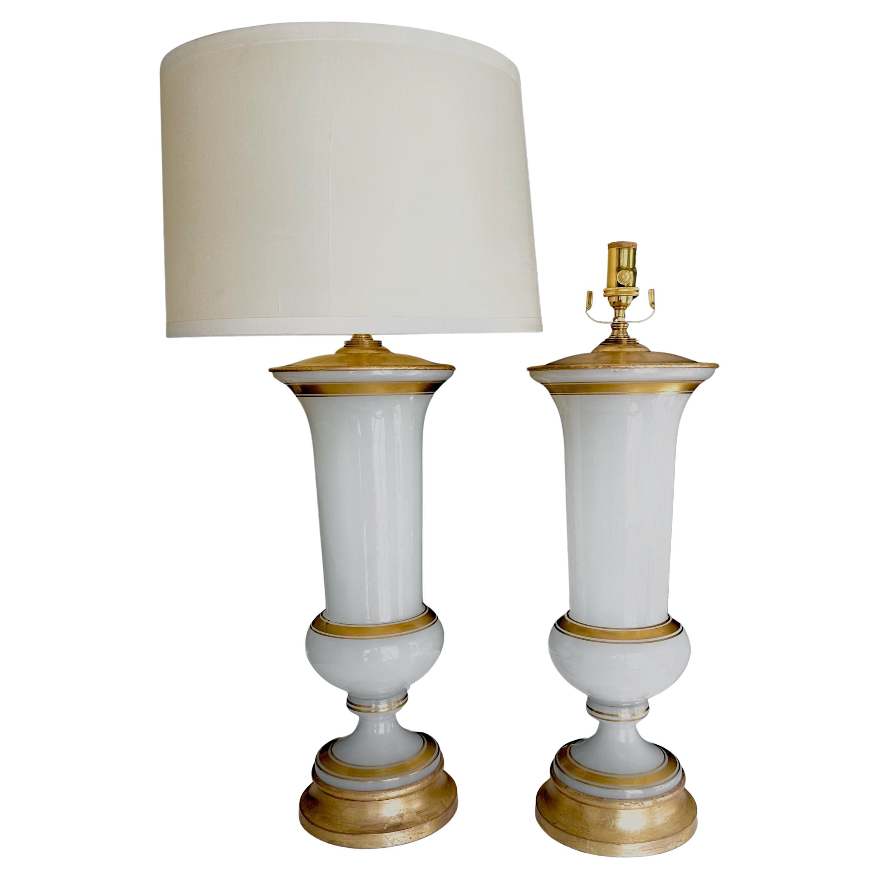 Pair of Tall French White Opaline Table Lamps