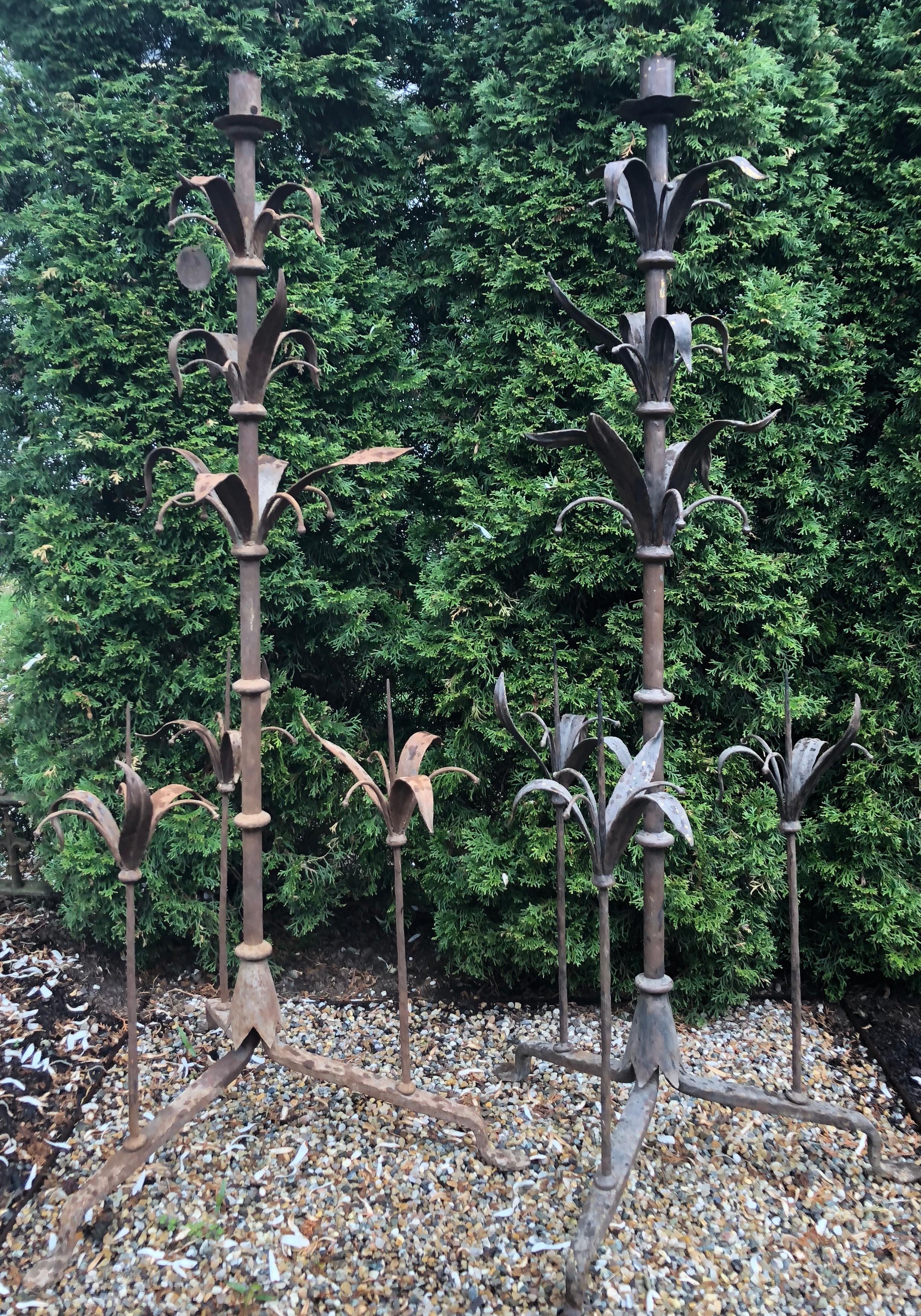 Hand-Crafted Pair of Tall French Wrought Iron Candelabra with Leaf Motif For Sale