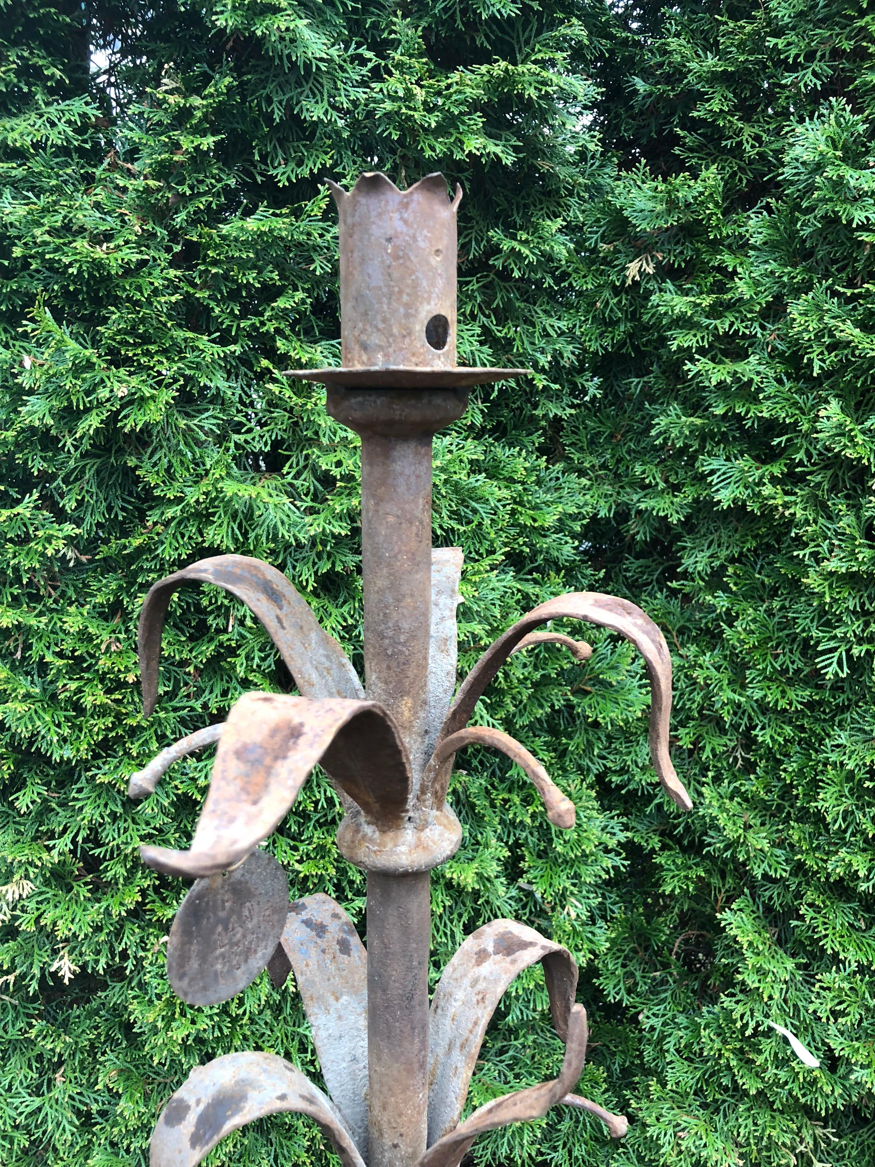 Pair of Tall French Wrought Iron Candelabra with Leaf Motif In Good Condition For Sale In Woodbury, CT