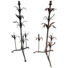 Antique Pair of Tall French Wrought Iron Candelabra with Leaf Motif