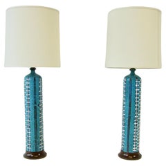 Pair of Tall Gamboni Style Italian Pottery Lamps Blue Base with White Decoration