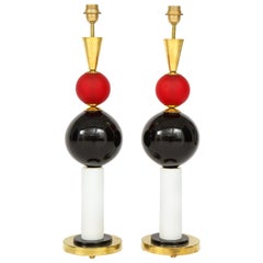 Pair of Geometric Red, White and Black Murano Glass and Brass Lamps, Italy