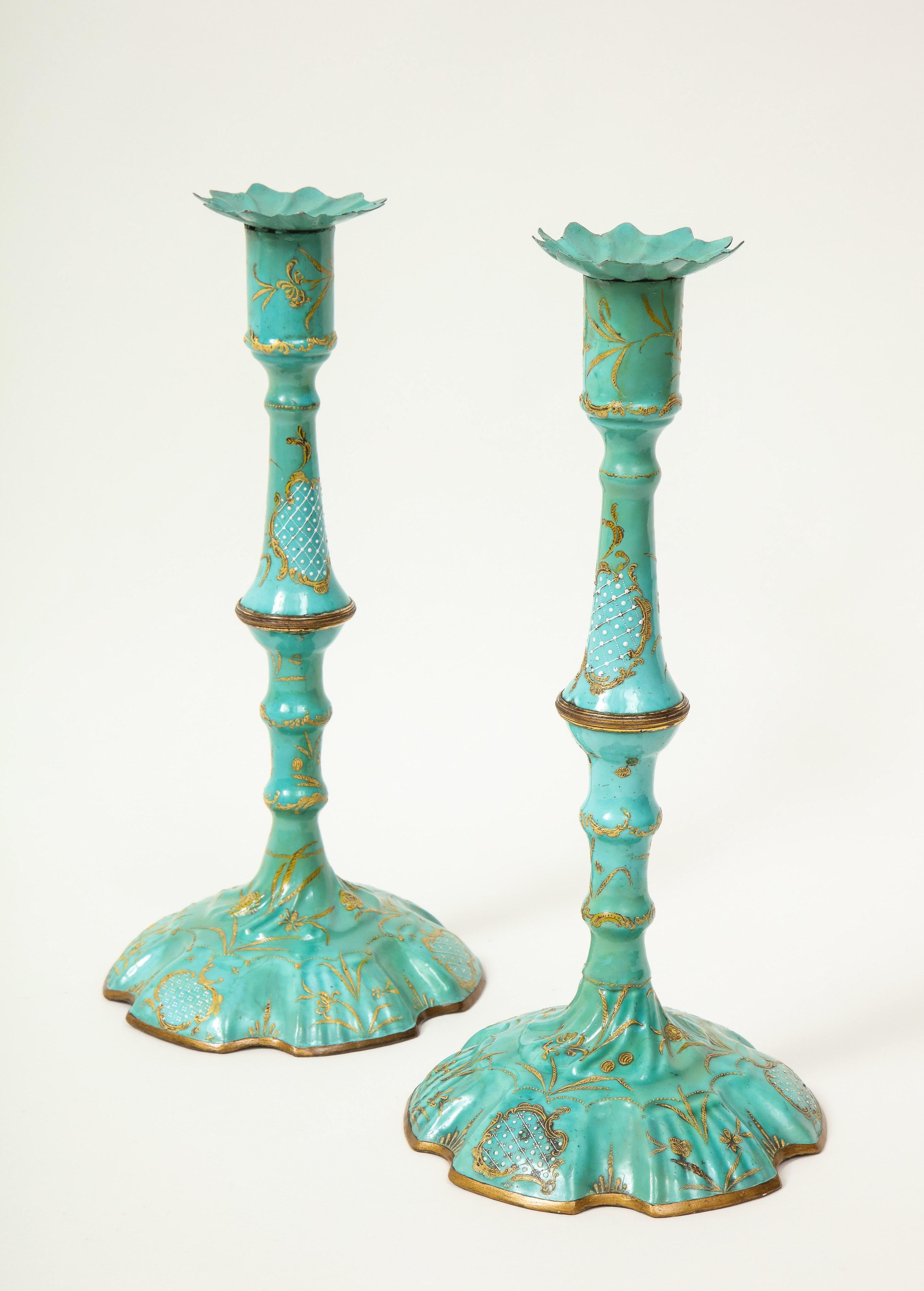 Georgian Pair of Tall George III Turquoise and Gilt Battersea Enamel Candlesticks